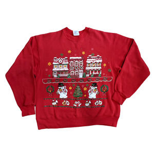 Vintage Christmas Sweater, 80s 90s‎ Red Crewneck w Glitter Pullover, Size Large